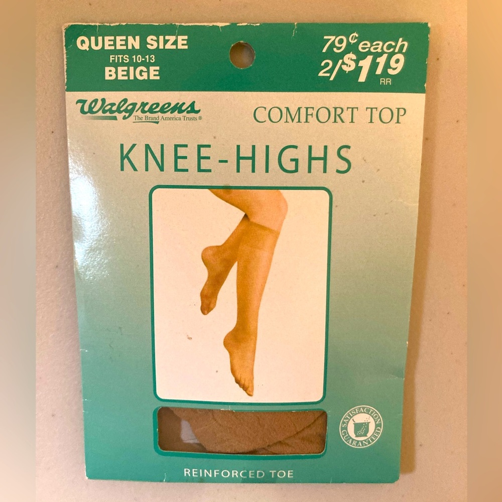 Brand New Vintage Walgreen Queen Size KneeHighs Comfort Top Reinforced Toe Beige